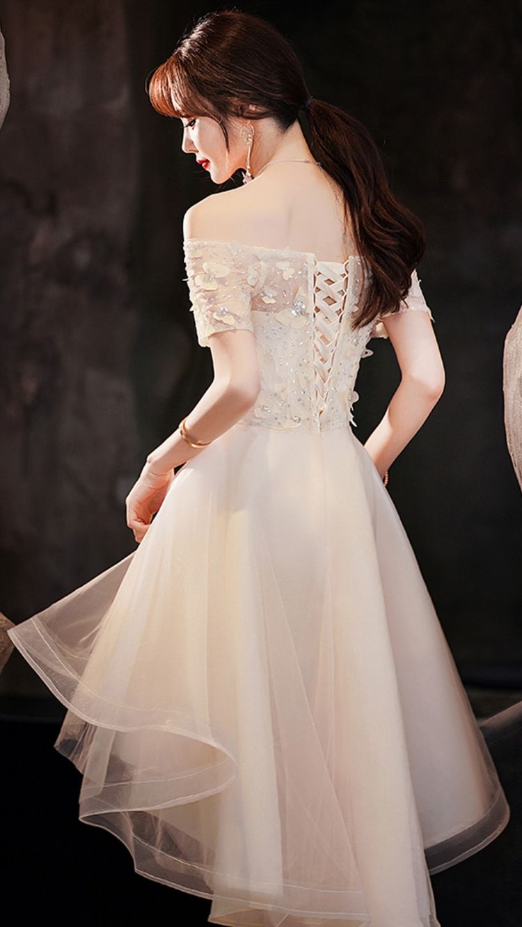 Champagne tulle high low prom dress champagne evening dress Y983