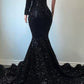 Black Sequins Long Prom Dress One Puffy Sleeve Mermaid Evening Dress Y15