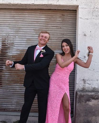 Mermaid Pink Sequin Long Prom Dresses with Side Slit Y502