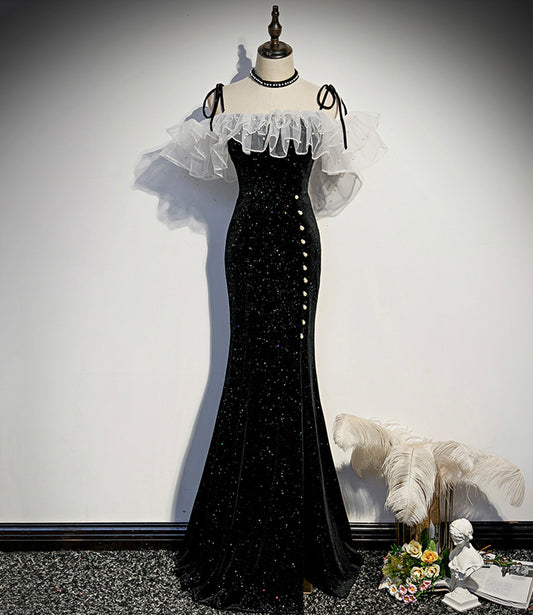 Black velvet long prom dress mermaid evening dress s57