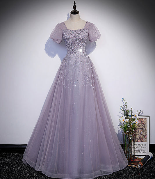 Purple tulle beads long prom dress A line evening gown s59