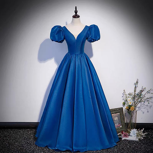 Blue saitn long prom dress A line evening gown s64