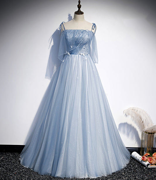 Blue tulle long A line prom dress evening dress s72