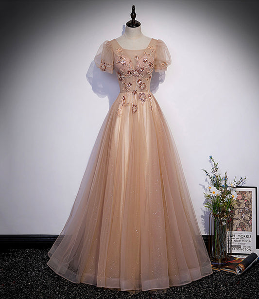 Cute tulle beads long prom dress A line evening gown s63