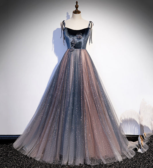 Blue tulle sequins long prom dress evening dress s80