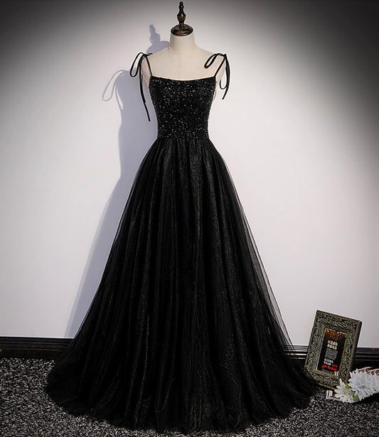 Black tulle beads long prom dress A line evening dress s58