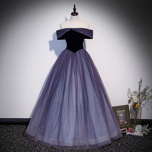 Purple tulle long prom dress A line evening gown s66