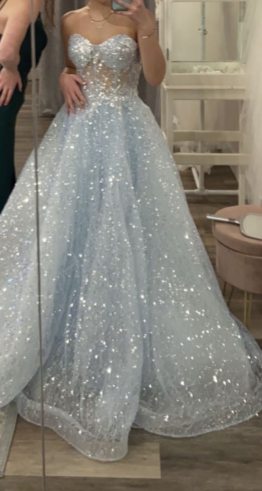 Glitter Blue Sweetheart Tulle Sequins Long Prom Dress,Sexy A-line Evening Dress Y1391