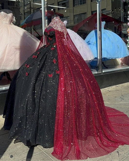 Glitter Black With Burgundy Butterflies Quinceanera Dress Sweet 16 Dress Ball Gown Y1415