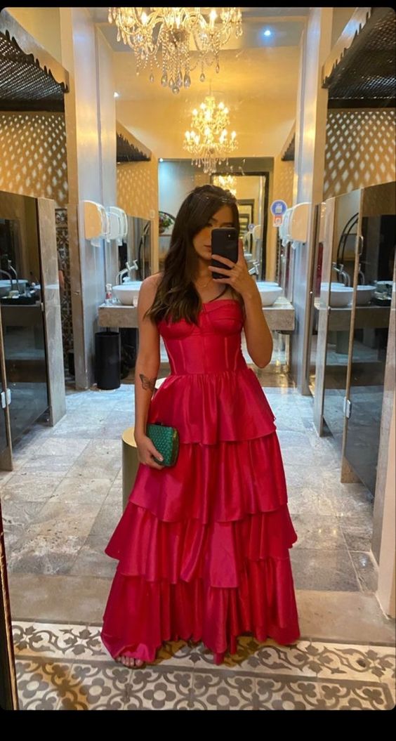 Strapless Long Prom Dresses, Satin Tiered Formal Graduation Evening Dresses Y1236