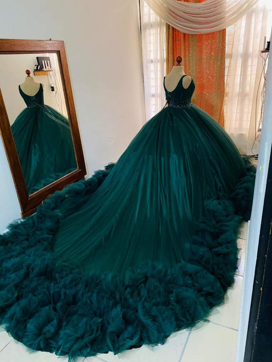 Stunning Tulle Lace-up Back Ball Gown,Teal Princess Dress With Ruffles Y1233