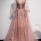 Pink tulle sequins long prom dress pink evening dress s109