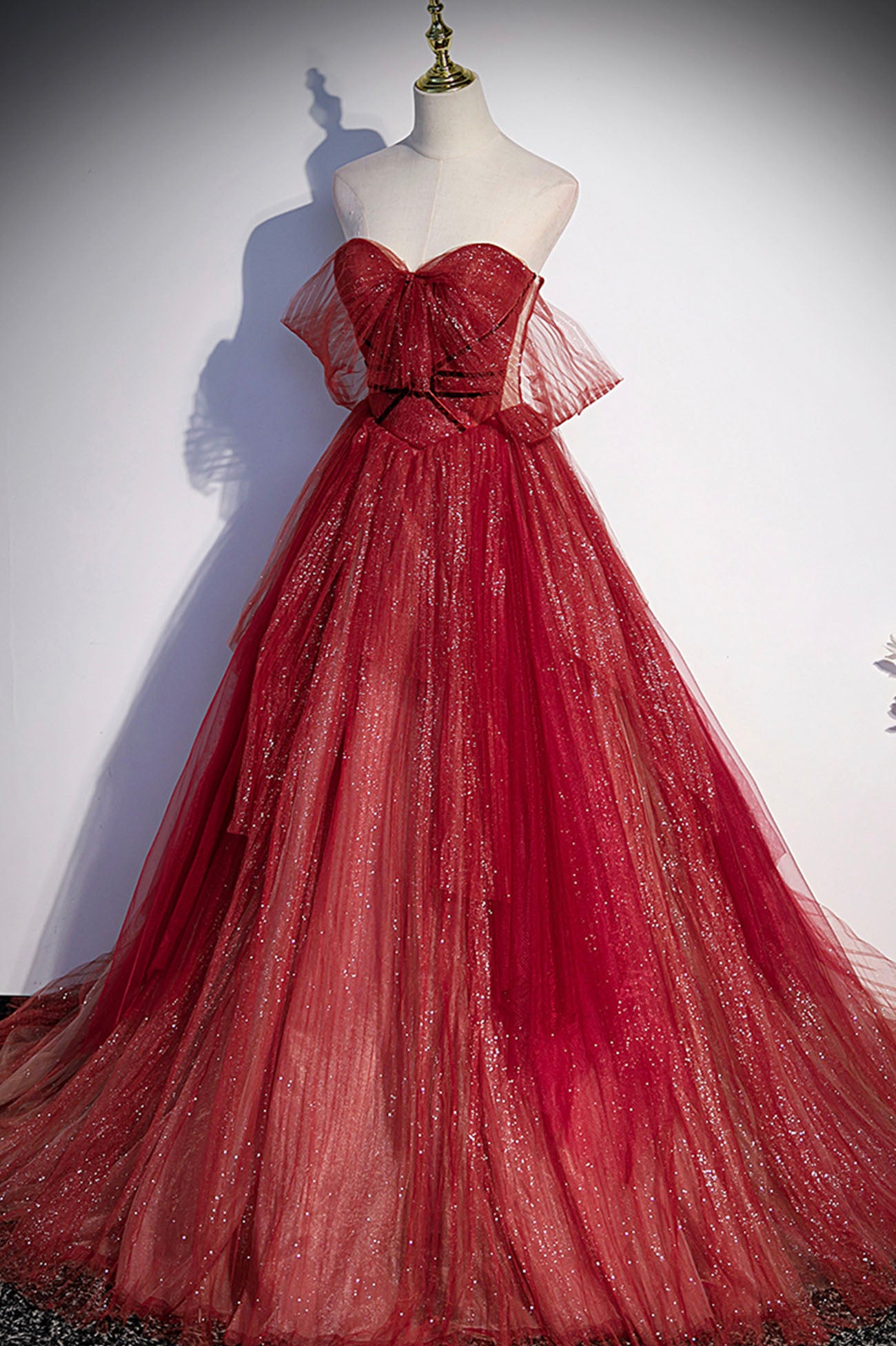 Burgundy tulle sequins long prom dress A line evening gown s55