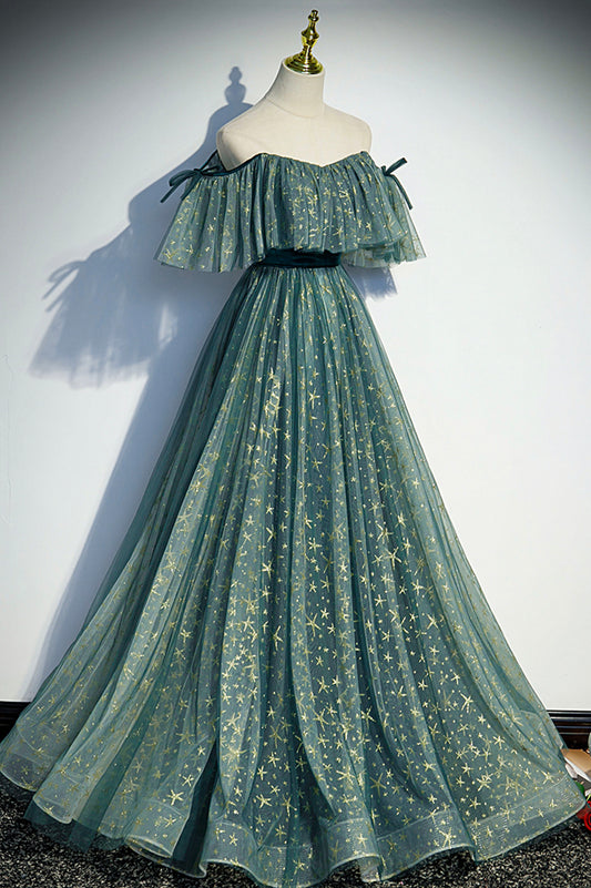 Cute tulle sequins long prom dress A line evening dress s90