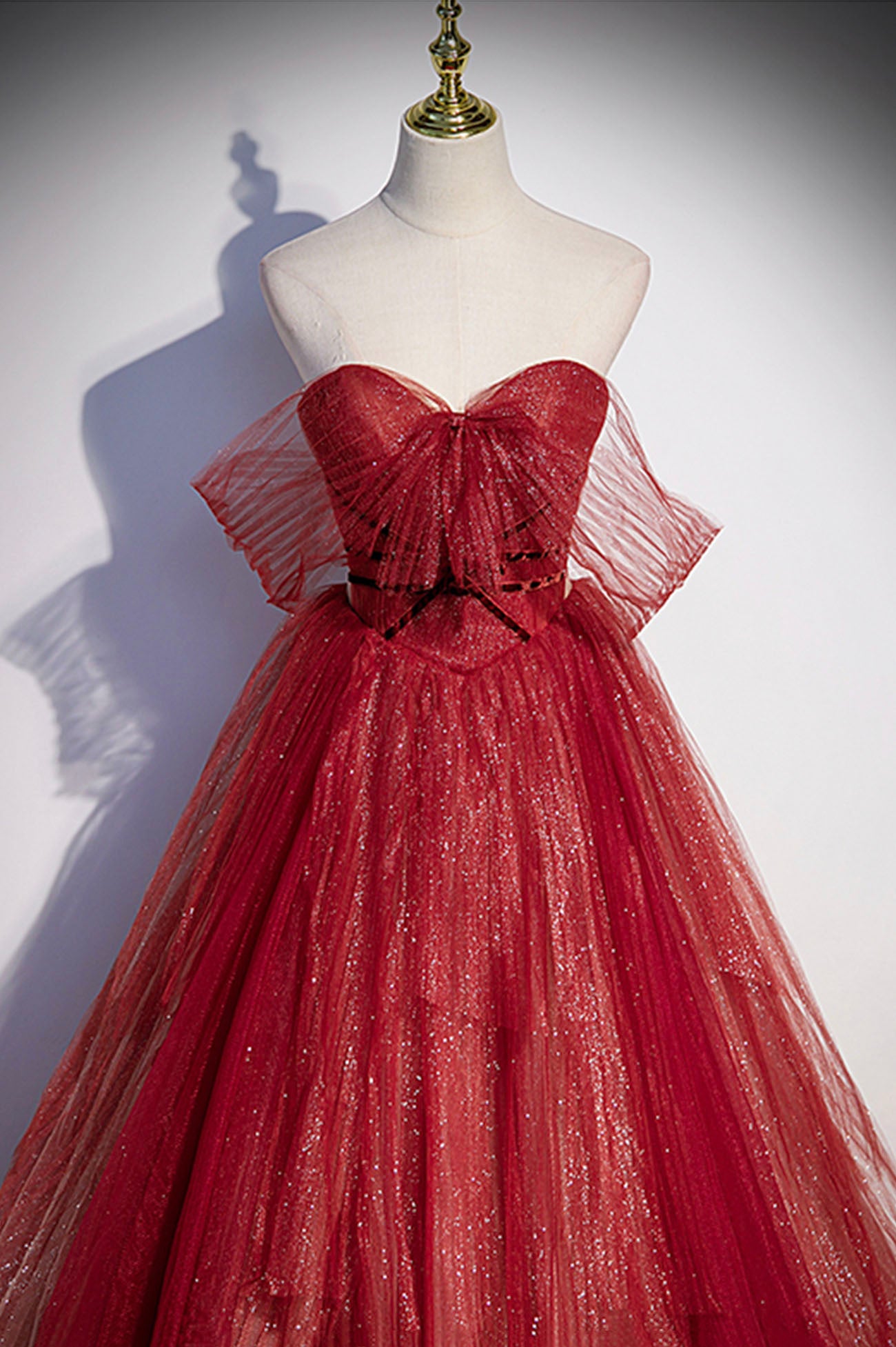 Burgundy tulle sequins long prom dress A line evening gown s55