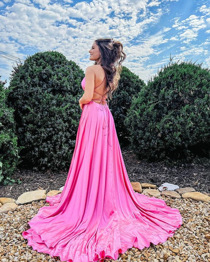 Cute A Line Scoop Neck Hot Pink Long Prom Dresses Y1626