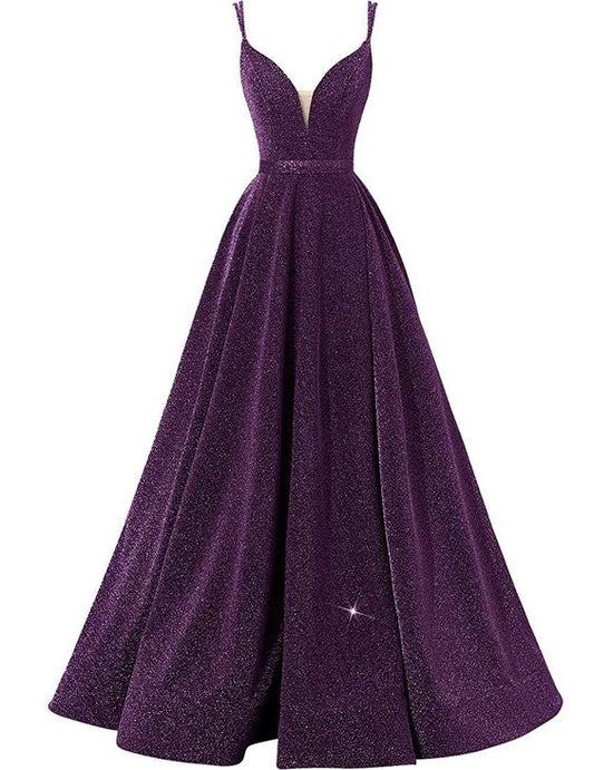 Glitter Spaghetti V-Neck Prom Dresses Long Side Split Formal Evening Gowns Y1849