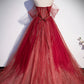 Burgundy tulle sequins long prom dress A line evening gown s55