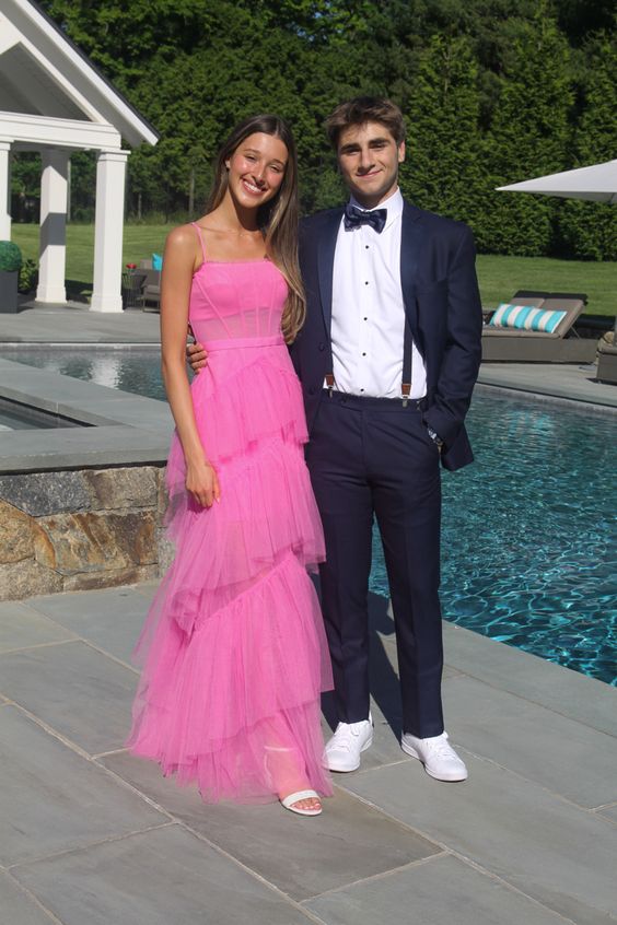 Hot Pink New Style Spaghetti Straps Floor Length Prom Dress With Ruffles Y1309