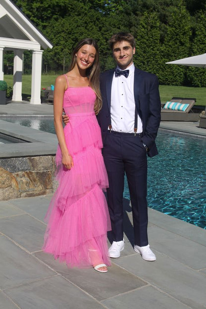 Hot Pink New Style Spaghetti Straps Floor Length Prom Dress With Ruffles Y1309