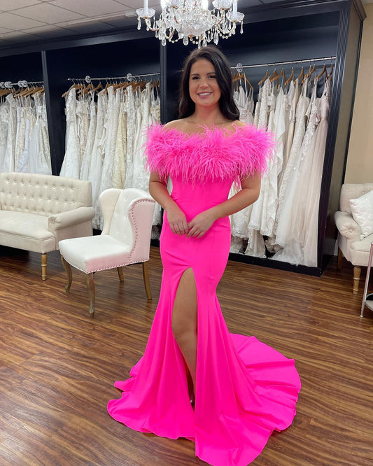 Hot Pink Mermaid Feather Neckline Off the Shoulder Formal Dress Elegant Hot Pink Prom Dress Y1311