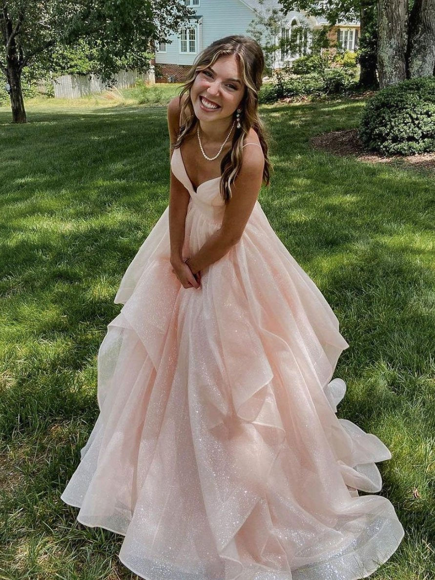 Pink spaghetti straps a line prom dress,layered evening gown,sparkle prom long dress Y1303