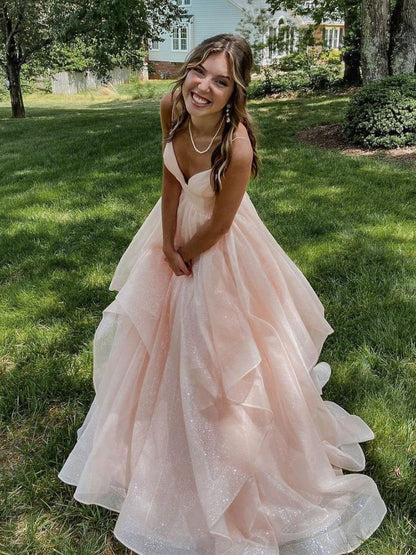 Pink spaghetti straps a line prom dress,layered evening gown,sparkle prom long dress Y1303