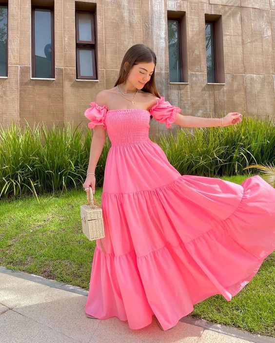 Flounce Sleeve Off Shoulder Pink Prom Dress,Graduation Dress,Springtime New Style Y1329