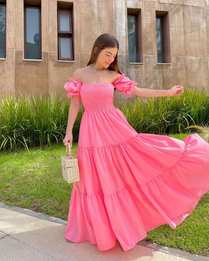 Flounce Sleeve Off Shoulder Pink Prom Dress,Graduation Dress,Springtime New Style Y1329