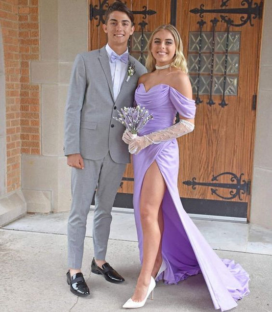 Lilac Off The Shoulder Pleated Side Slit Long Prom Evening Dresses Y1287