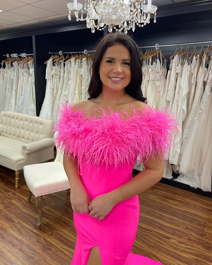 Hot Pink Mermaid Feather Neckline Off the Shoulder Formal Dress Elegant Hot Pink Prom Dress Y1311