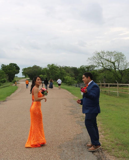 Elegant Mermaid Orange Sequins Long Prom Dress Formal Evening Dresses Y1307