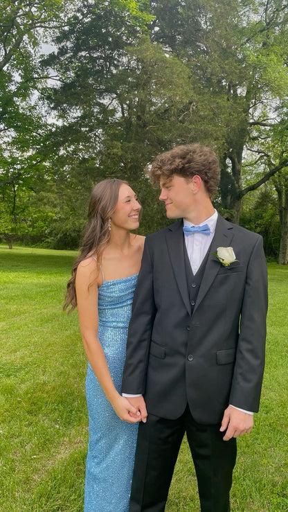 Glitter Blue Sequins Long Prom Dress with Slit  Y1605