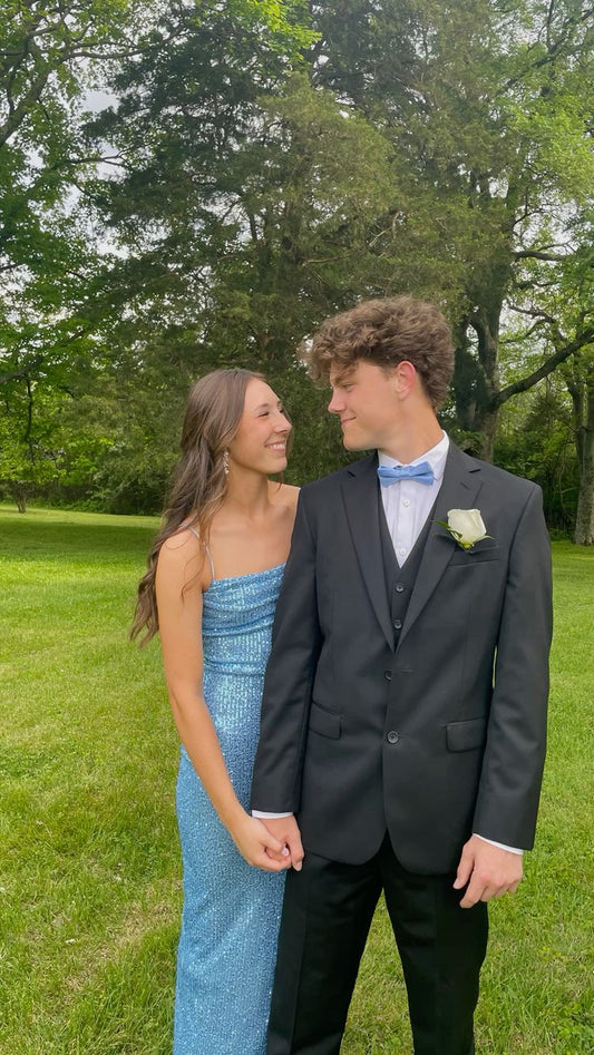 Glitter Blue Sequins Long Prom Dress with Slit  Y1605