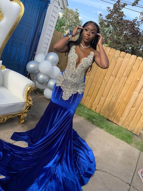 Charming Royal Blue Long Prom Dresses With Beaded,Black Girls Prom Gown Y1630