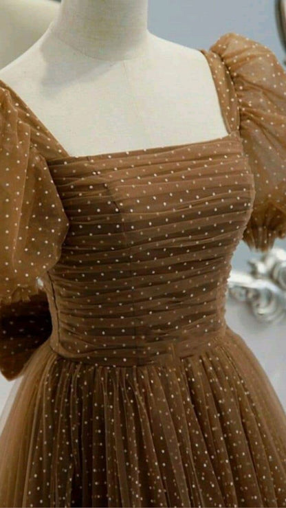 Beautiful Prom Dress New Brown Evening Dress Elegant Collar Puff Sleeve A-line Floor-length Point Prom Formal Gowns  Y1174