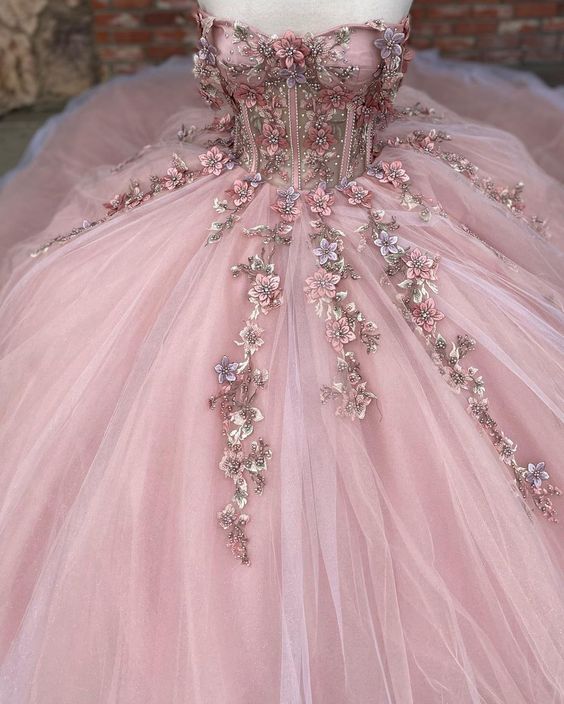Pink Glitter 3D Flowers Beaded Ball Dress Beautiful Pink Princess Dresses  Y1132