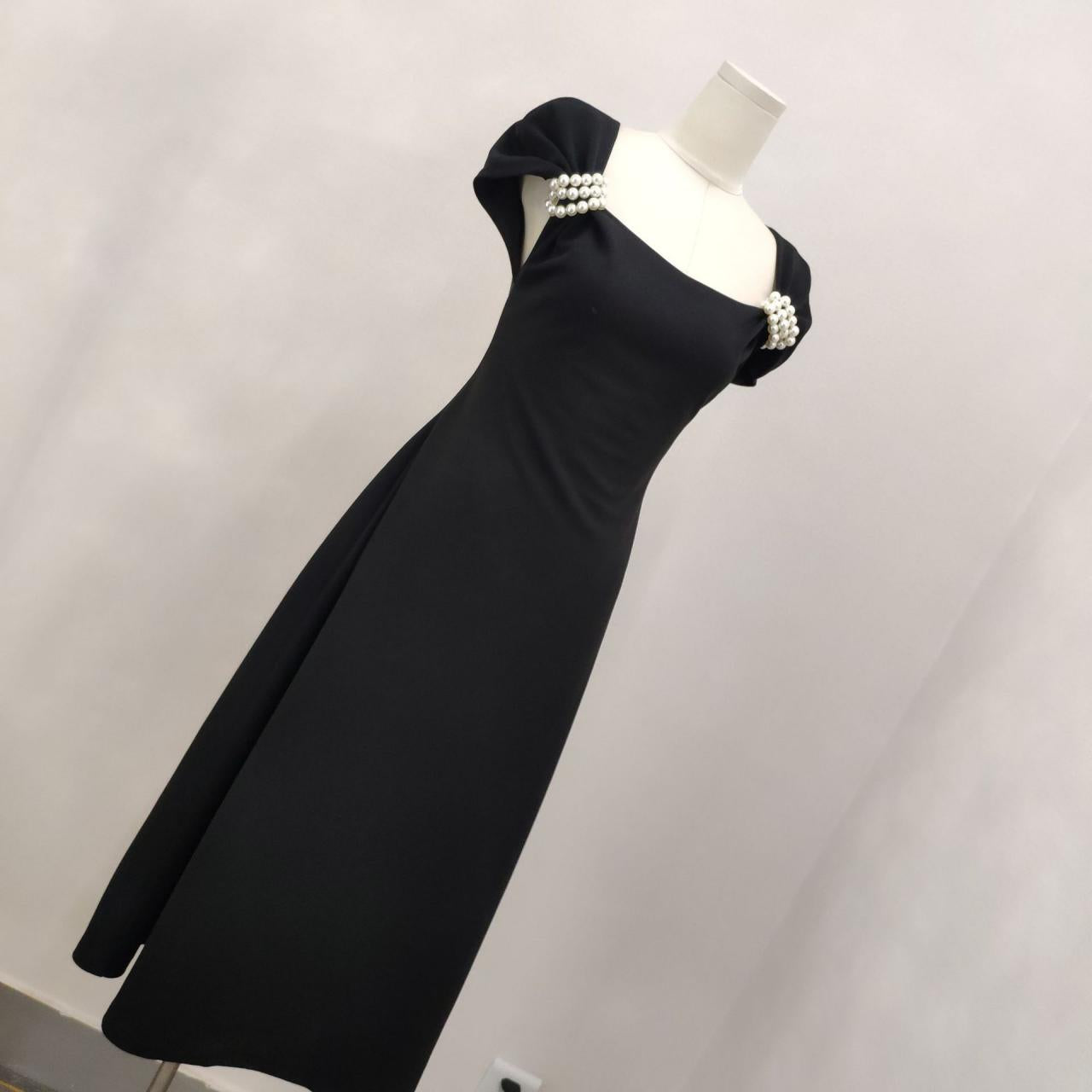 Black, pearl button-down, elegant half-sleeve prom dress, vintage dress Y1360