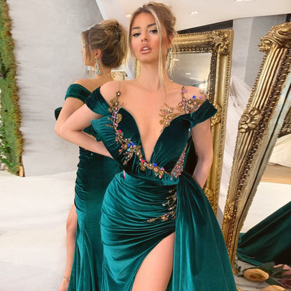 Off The Shoulder Velvet Unique Long Prom Dress With Appliques S20636
